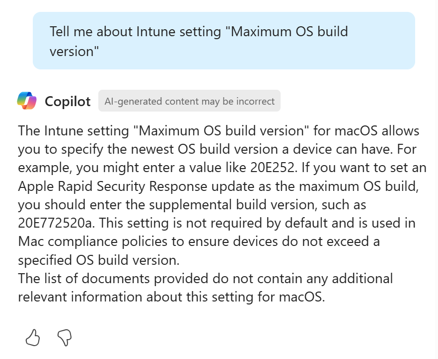 Microsoft Intune 管理センターのコンプライアンス ポリシーで Copilot ツールヒントを選択したときの設定に関する詳細情報を表示するスクリーンショット。