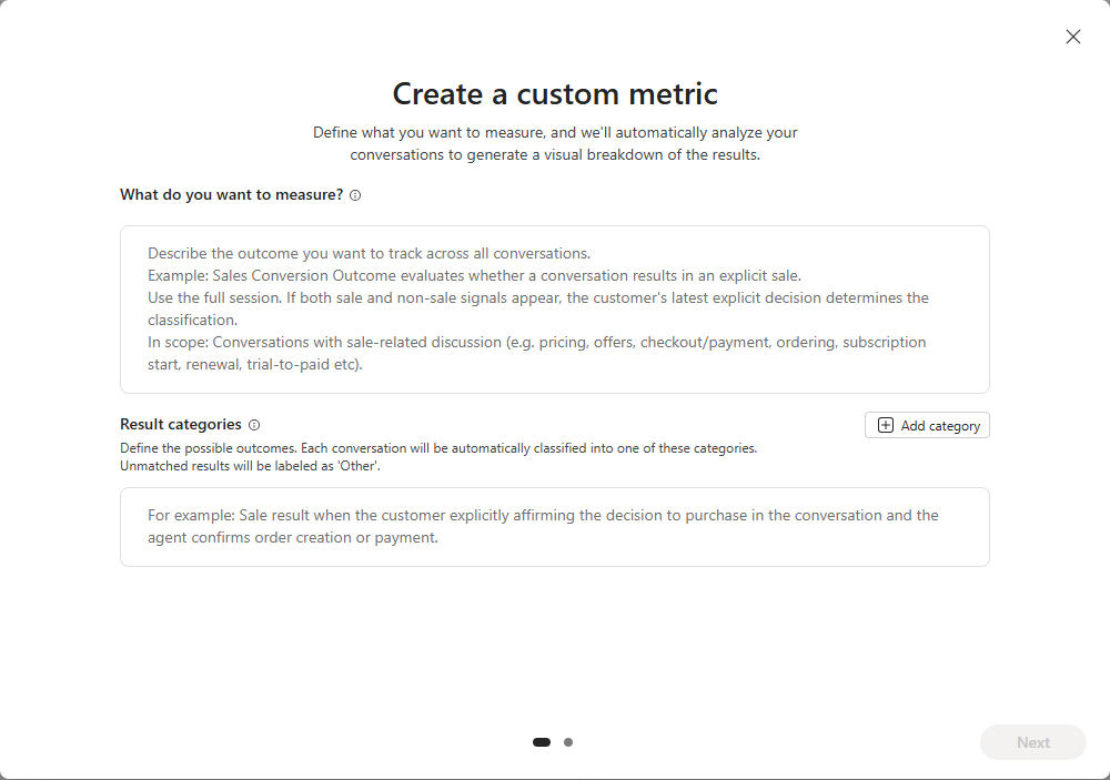 [Create a custom metric]\(カスタム メトリックの作成\) のメトリックの説明画面のスクリーンショット。