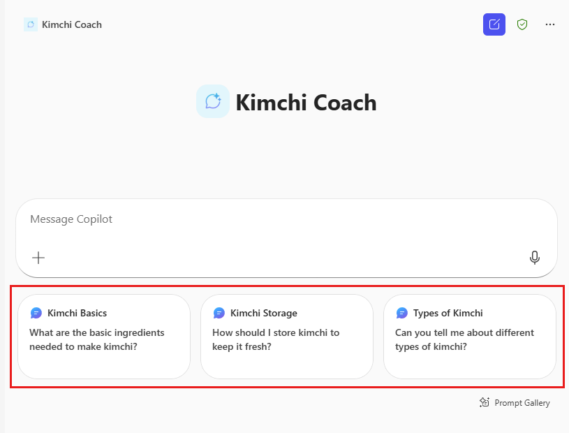 提案されたプロンプトを含むエージェントの Copilot Chat のウェルカム ページのスクリーンショット。