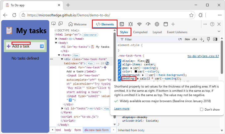 CSS プロパティに関するドキュメントを含むツールヒント