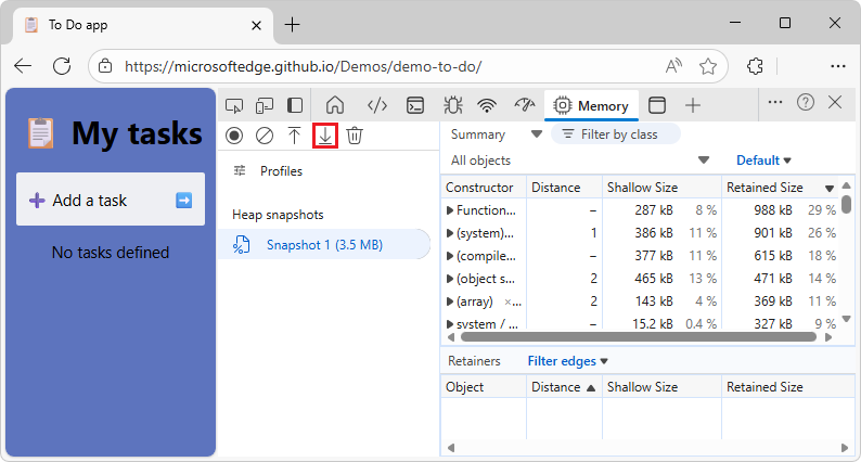 Microsoft Edge with DevTools(メモリ ツールを表示)、[保存] ボタン