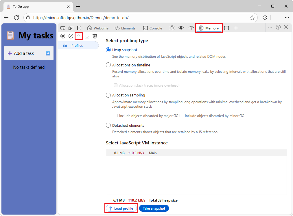 [読み込み] ボタンを使用して、DevTools のメモリ ツールを表示する Microsoft Edge