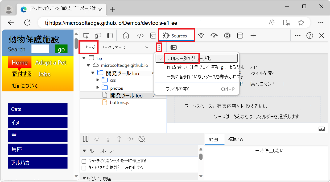 ソース ツールの [ページ] タブのフォルダー別にグループ化された Web ページのリソース ファイル