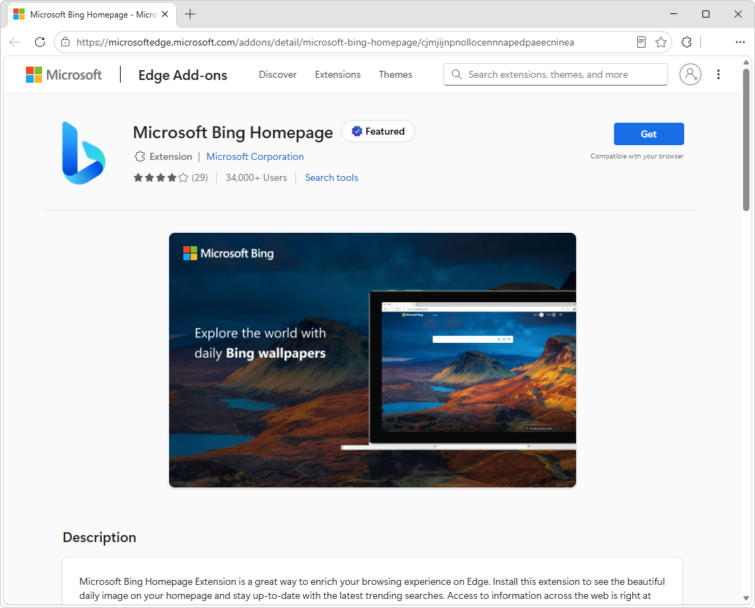 Microsoft Bing ホームページと検索エンジン拡張機能
