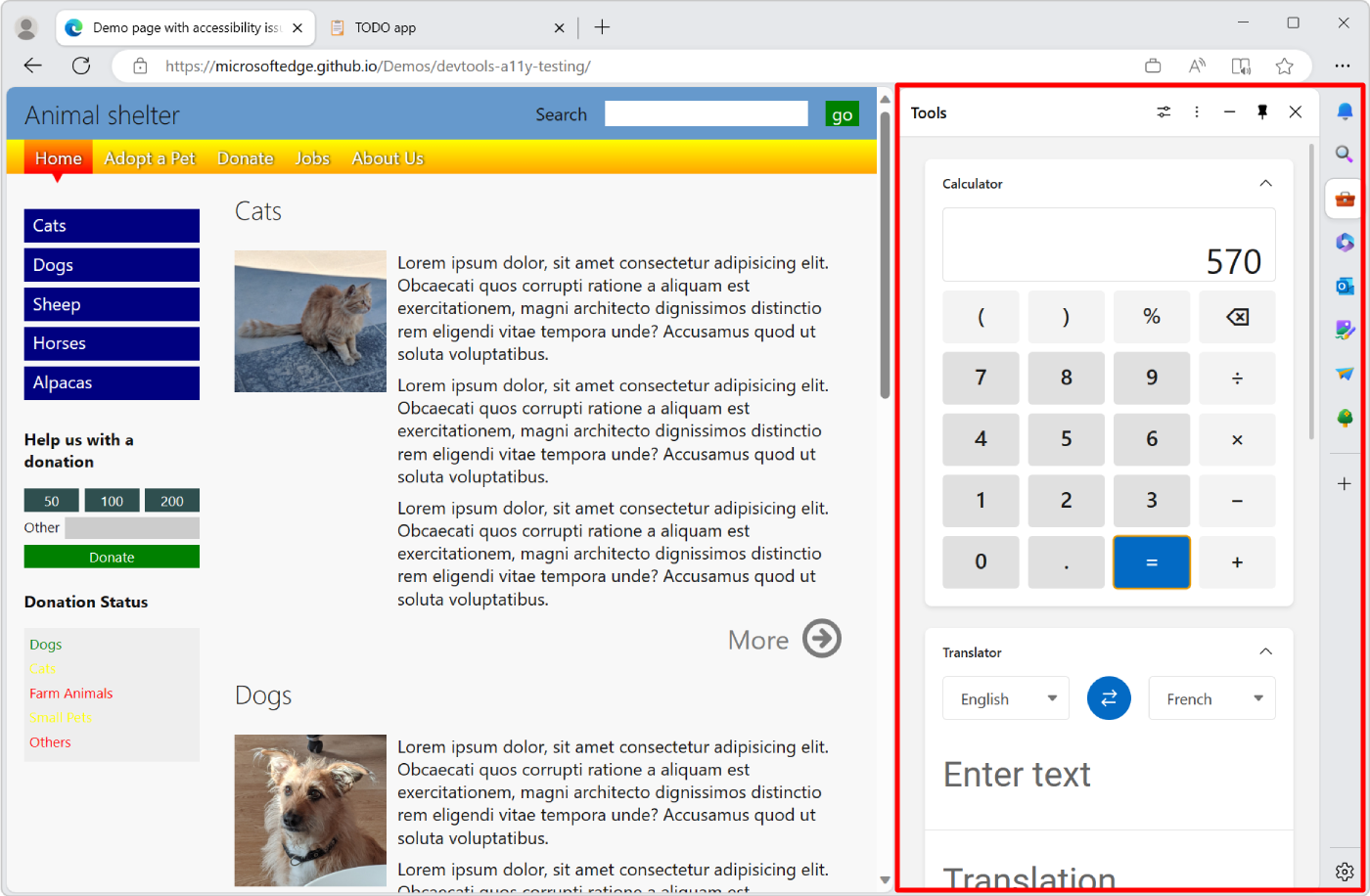 Microsoft Edge のサイドバー。メイン タブと共に便利なツールが表示されます