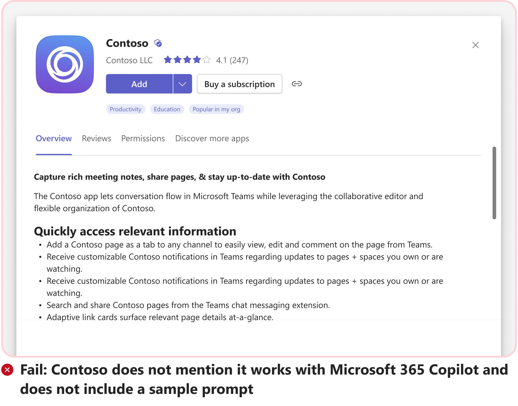 Microsoft 365 Copilotのエージェントとしてのメッセージ拡張機能のサンプル プロンプトの例のない失敗シナリオを示すスクリーンショット。
