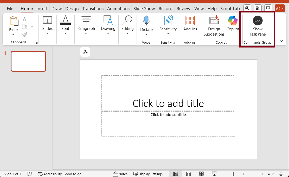 PowerPointの [ホーム] リボンで強調表示されている [作業ウィンドウの表示] ボタン。