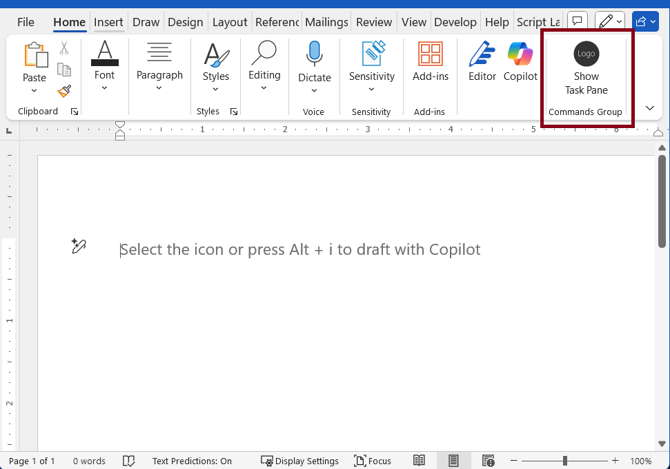 Wordで強調表示されている [作業ウィンドウの表示] ボタン。