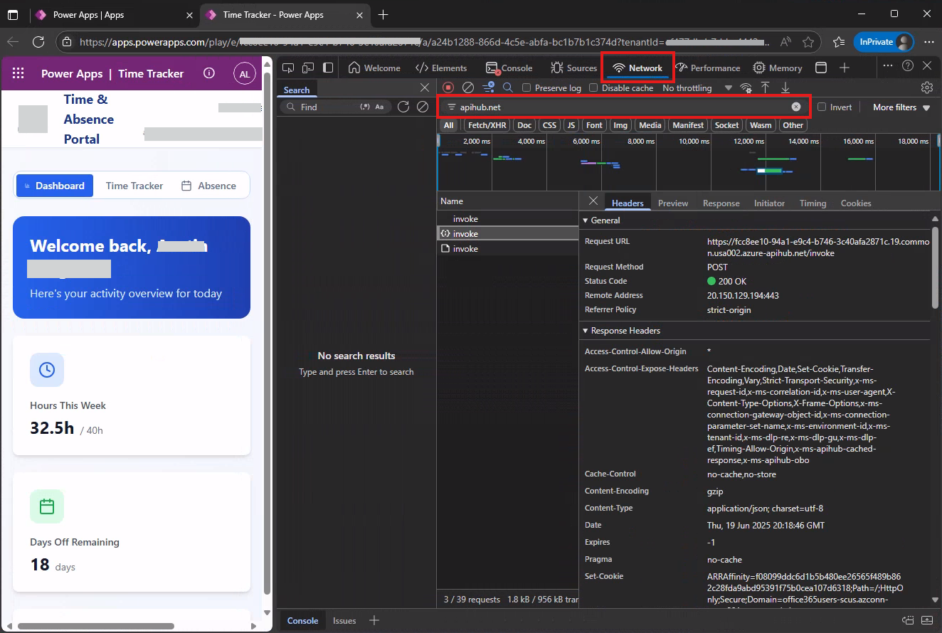 Edge ブラウザーで開発ツールを使用してコネクタの要求をフィルター処理するための apihub.net 文字列の使用を示す画像
