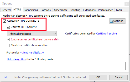 HTTPS トラフィックをキャプチャおよび復号化するための Fiddler HTTPS オプションのスクリーンショット。