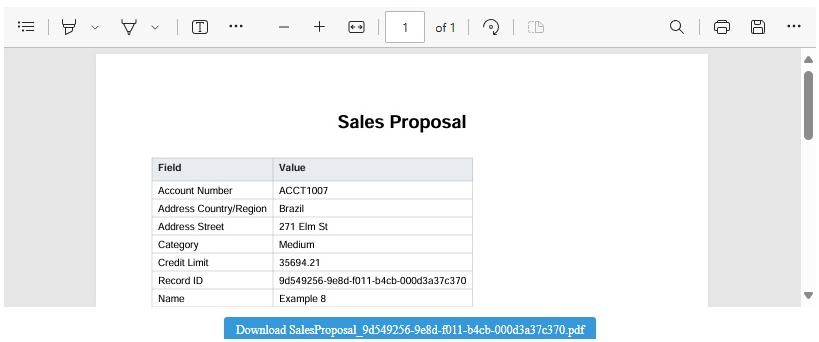 生成された PDF 販売提案ドキュメントを示すコード インタープリター PCF コンポーネントサンプル