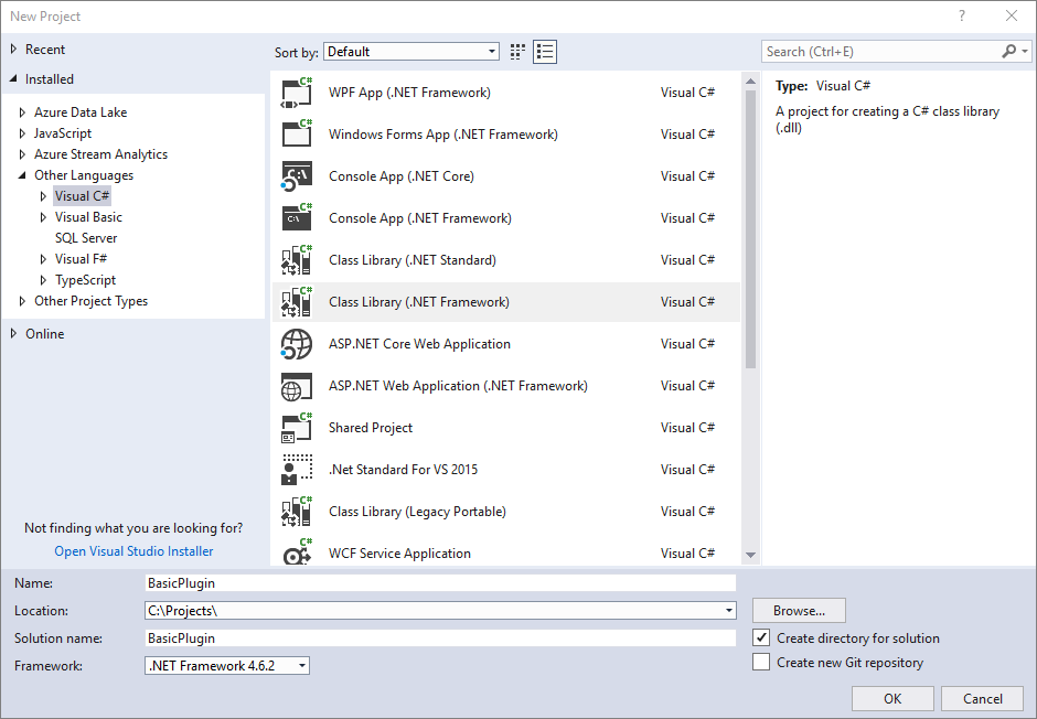 .NET Framework を使用して、新しいクラス ライブラリ (.NET Framework) プロジェクトを開きます。