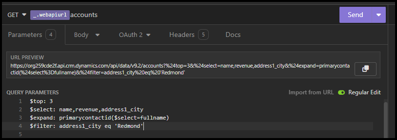 Dataverse からアカウント レコードを取得する構成済みのクエリを示す不眠症のスクリーンショット。