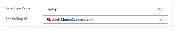 AssetType Value と RepairShop Id フィールドを示すスクリーンショット。