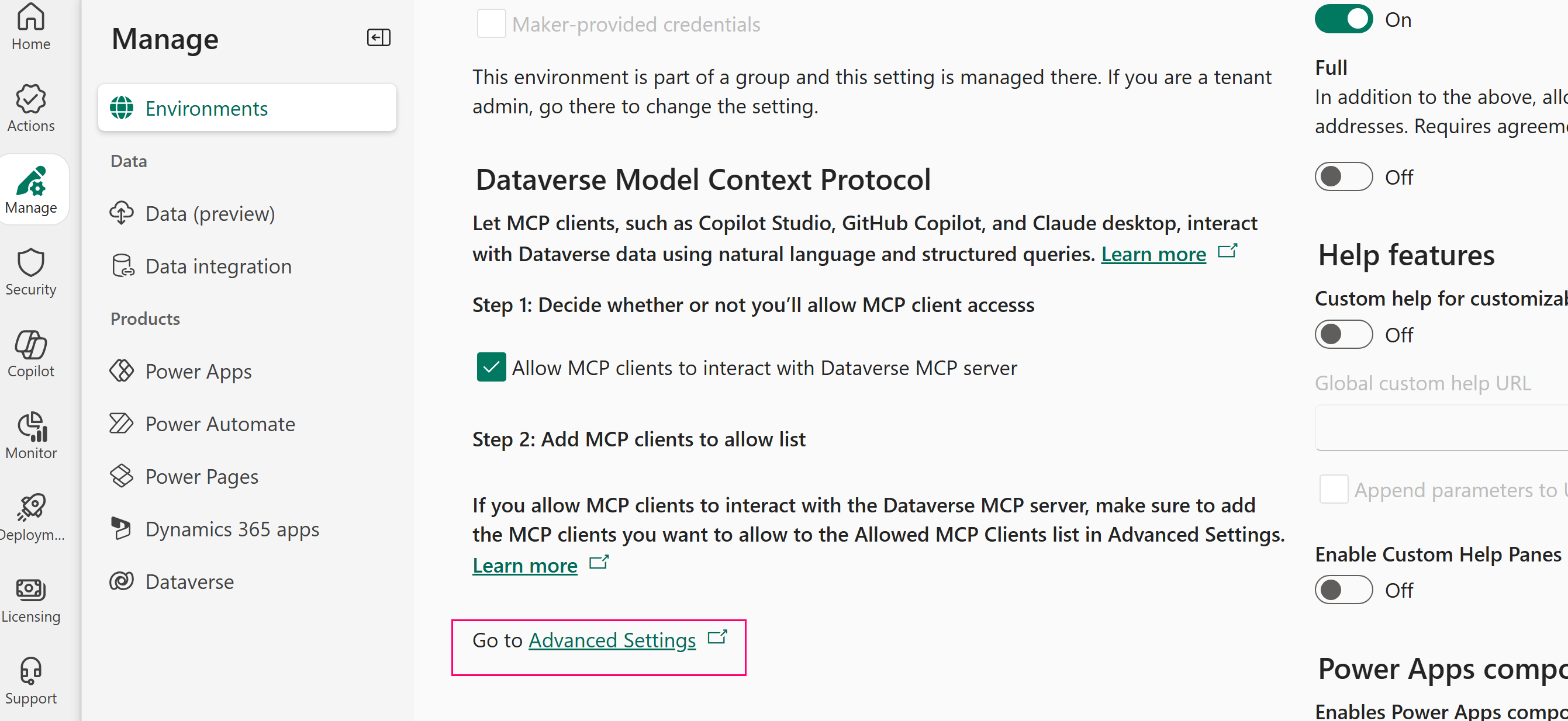 Dataverse に対して Microsoft 以外の MCP クライアントを有効にする