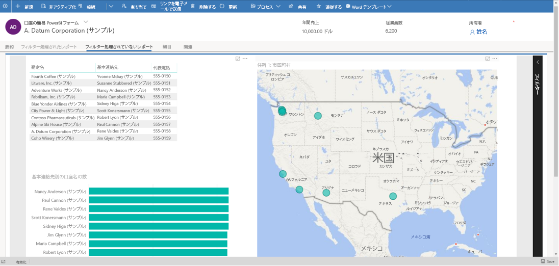 コンテキスト フィルターを使用しない埋め込み Power BI の例