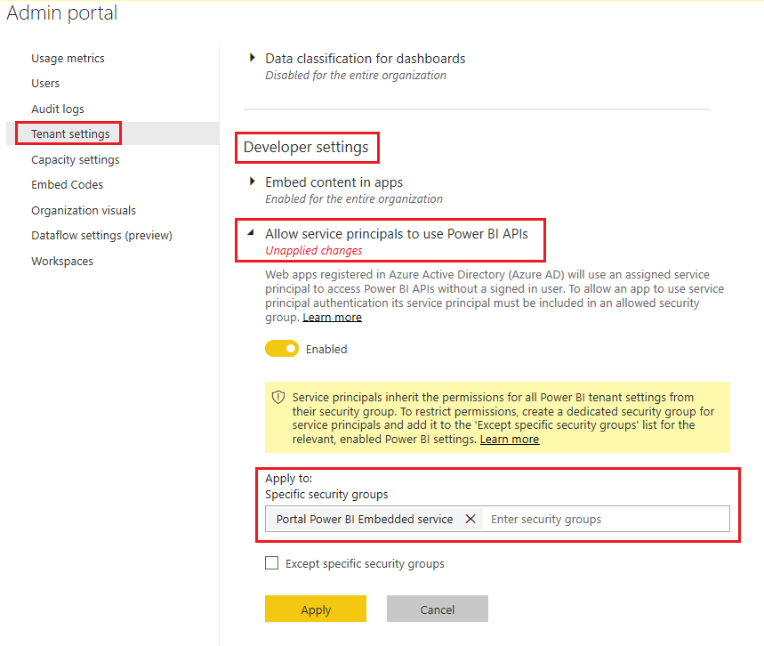 Power BI 管理ポータルでセキュリティ グループを追加する Power BI 管理ポータルでのセキュリティ グループを追加する。