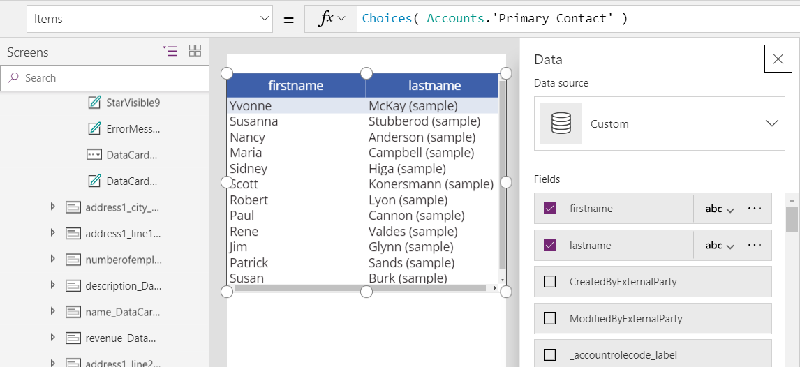 データ テーブル コントロールを含むキャンバス画面。Items プロパティは数式 Choices( Accounts.'Primary Contact' ) に設定され、テーブルには連絡先テーブルのレコードの最初のセットの姓と姓の列が表示されます。