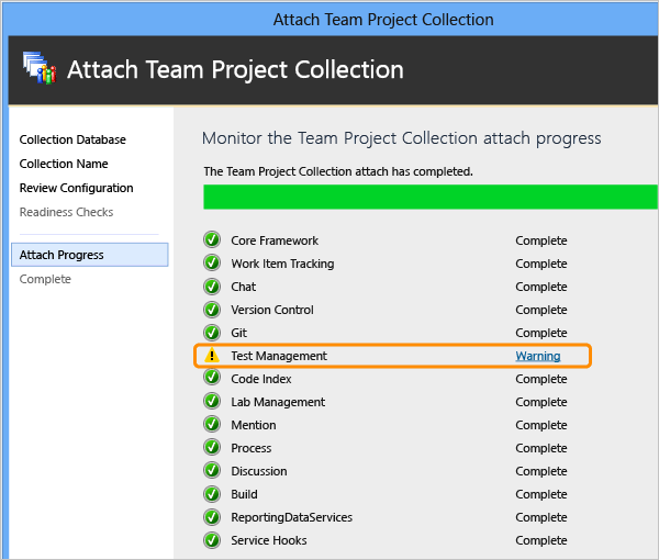 ALM_UPG_ErrorTestManagement TFS Upgrade Wizard showing Test Management error