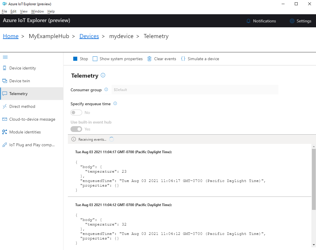 IoT Explorer のデバイス テレメトリのスクリーンショット
