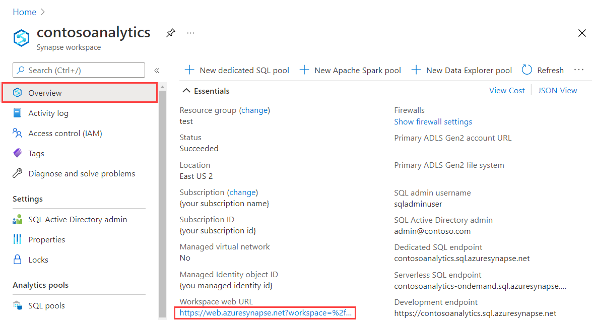 Azure portal の Synapse ワークスペース概要、Launch Synapse Studio が強調表示されています。
