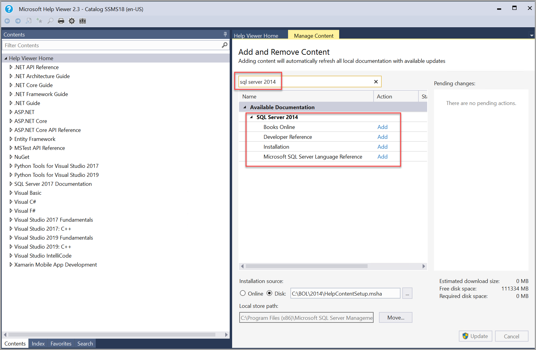 ヘルプ ビューアーでの SQL Server 2014 ブック検索