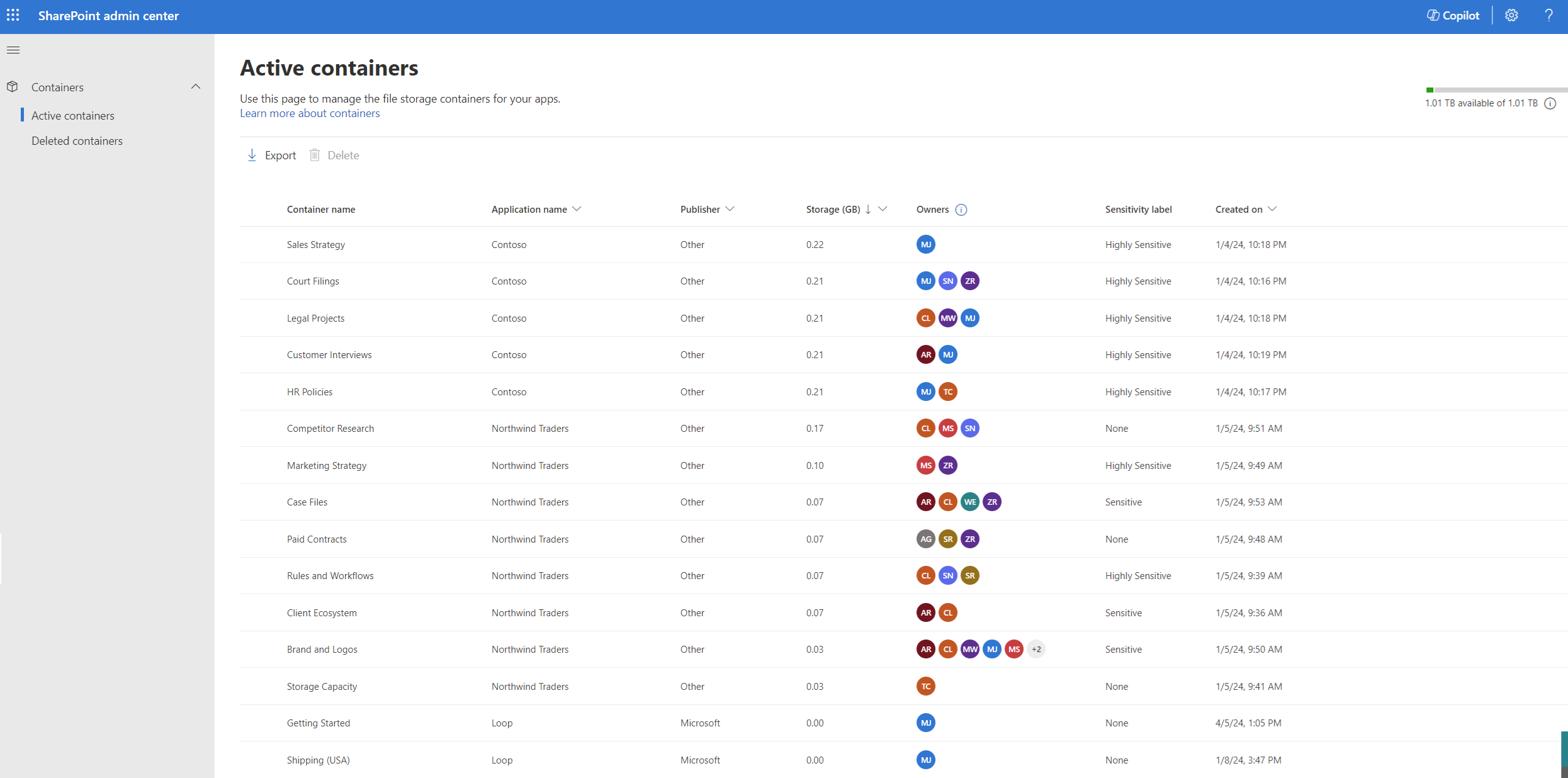 SharePoint 管理センターでは、SharePoint 埋め込み管理者の左側のナビゲーションが表示され、[アクティブなコンテナー] ページと [削除されたコンテナー] ページのみが表示されます。