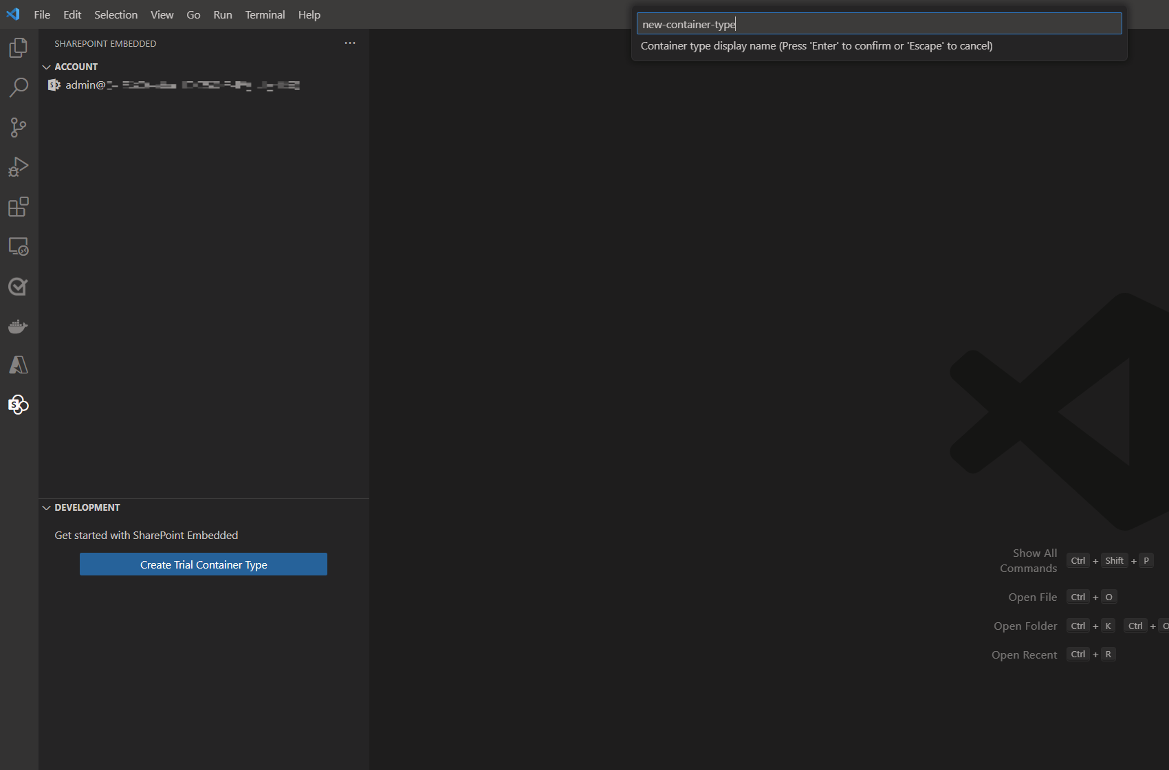 コンテナーの種類の作成フロー中にコンテナーの種類名を求める Visual Studio Code 入力ボックスのスクリーンショット。