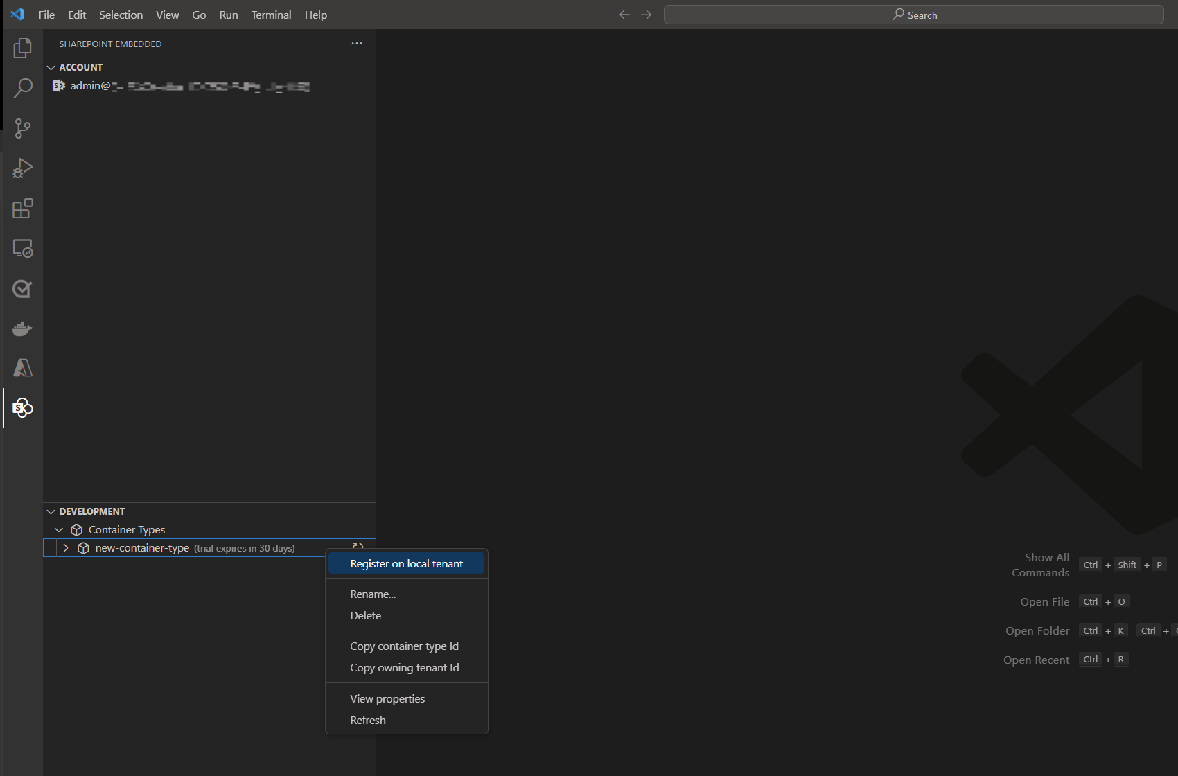 ローカル テナントにコンテナーの種類を登録するように求める SharePoint Embedded 拡張機能のスクリーンショット。登録アクションが強調表示されています。