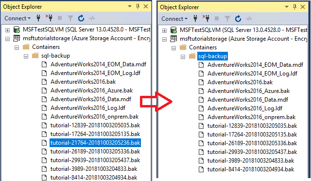 Azure コンテナーとトランザクション ログ バックアップ BLOB の削除を示す SQL Server Management Studios ストレージ ブラウザーのスクリーンショット。
