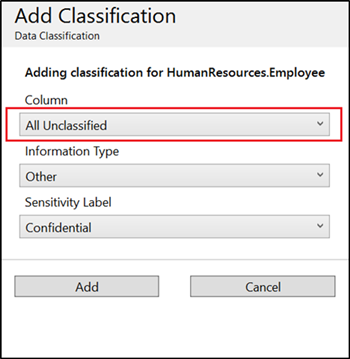 すべての未分類列を選択する SSMS データ分類のスクリーンショット