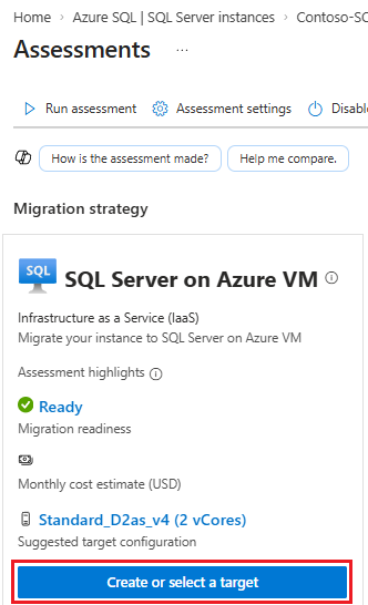 Azure ポータルの [評価] ウィンドウを示すスクリーンショット。[ターゲットの作成] が強調表示されています。