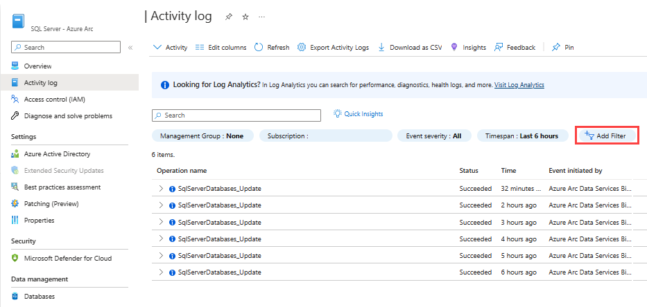 Azure Arc 対応 SQL Server アクティビティ ログとフィルターを追加するためのボタンのスクリーンショット。