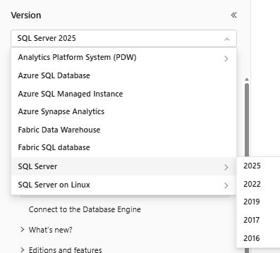 SQL Docs バージョン フィルターを示すスクリーンショット。