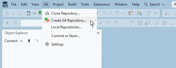 SQL Server Management Studio の [Git] メニューの [Git リポジトリの作成] オプションのスクリーンショット。