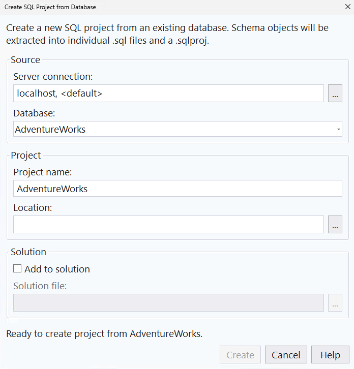 SQL Server Management Studioの [データベースからの新しい SQL Project] ダイアログのスクリーンショット。