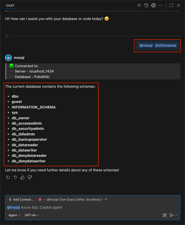 GitHub Copilot チャットで /listSchemas スラッシュ コマンドを使用しているスクリーンショット。