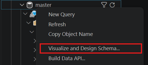 Visual Studio Code MSSQL 拡張機能でスキーマ デザイナーを開くエントリ ポイントのスクリーンショット。