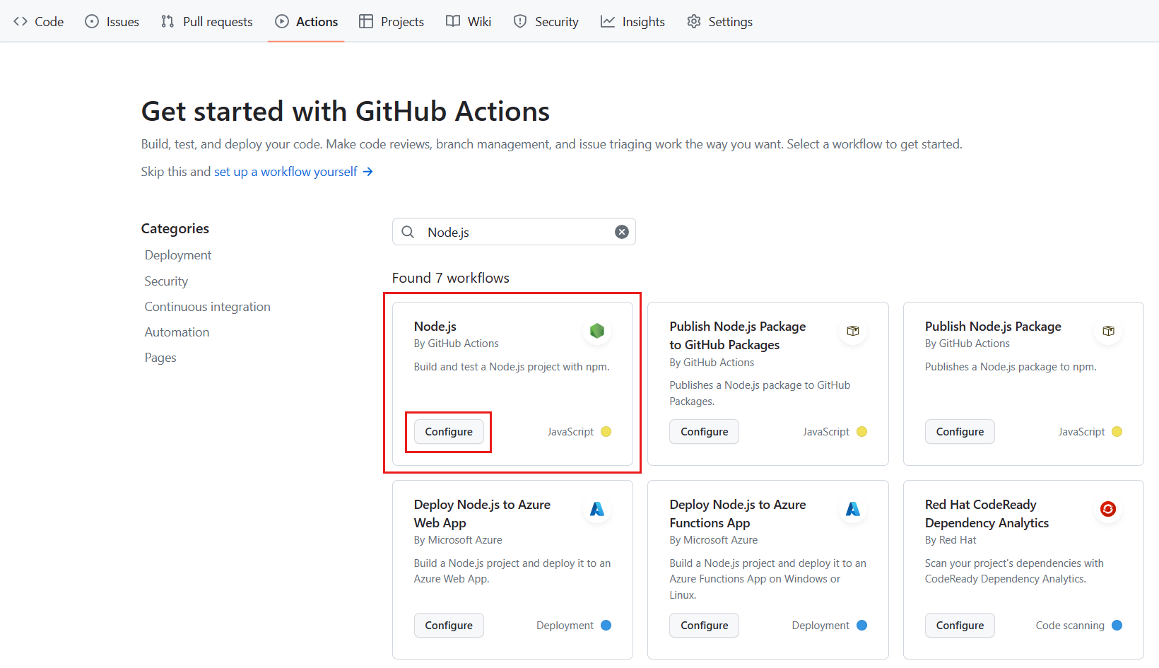[Node.js] ウィンドウが強調表示され、[構成] ボタンが選択されている [GitHub Actions] タブを示すスクリーンショット。
