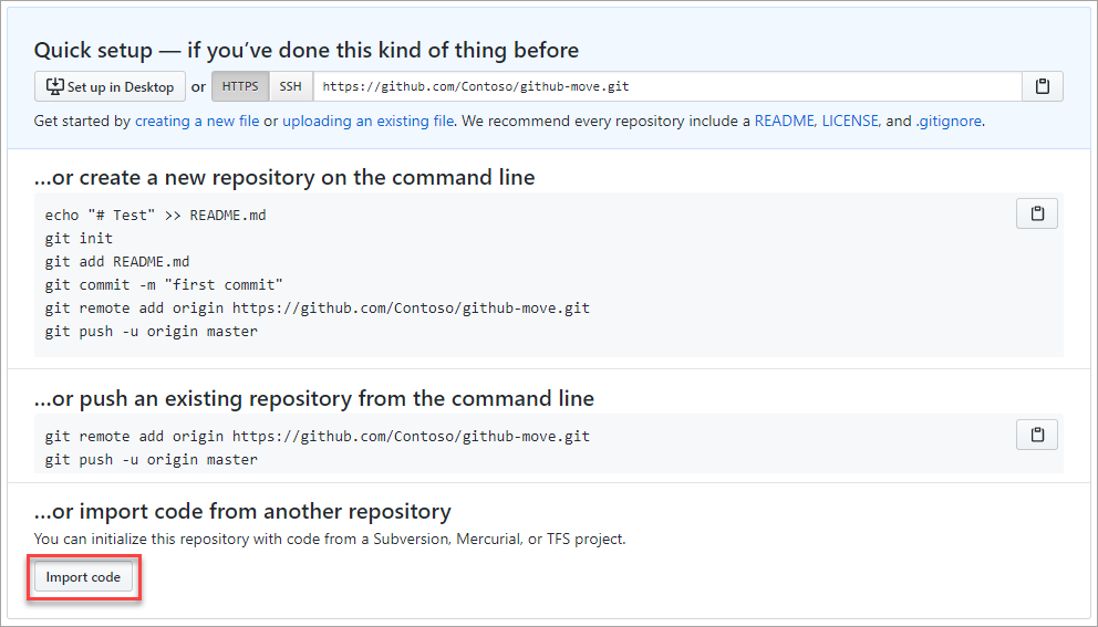 GitHub リポジトリにコードをインポートするスクリーンショット。