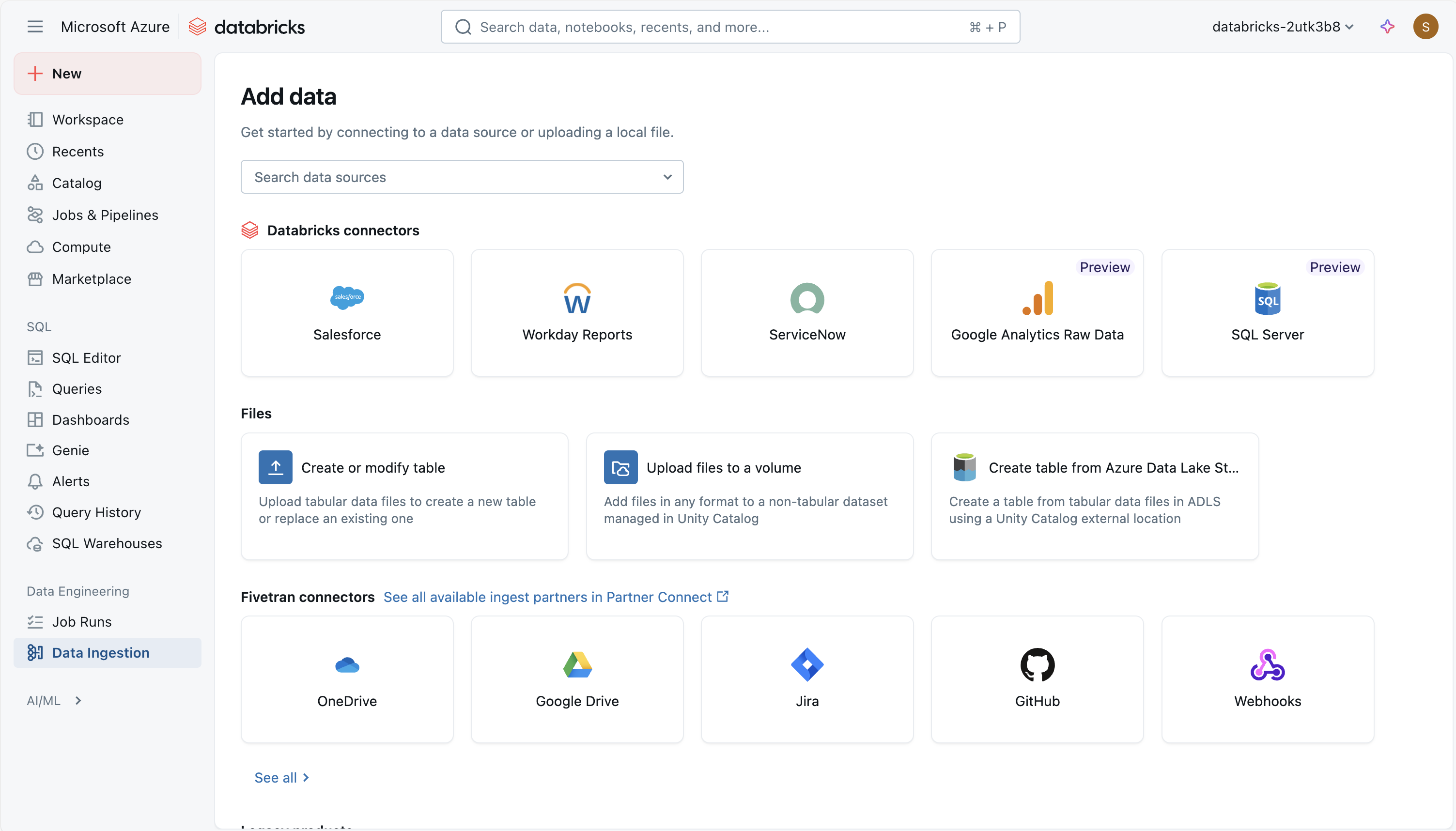 Azure Databricks へのデータ追加のスクリーンショット。