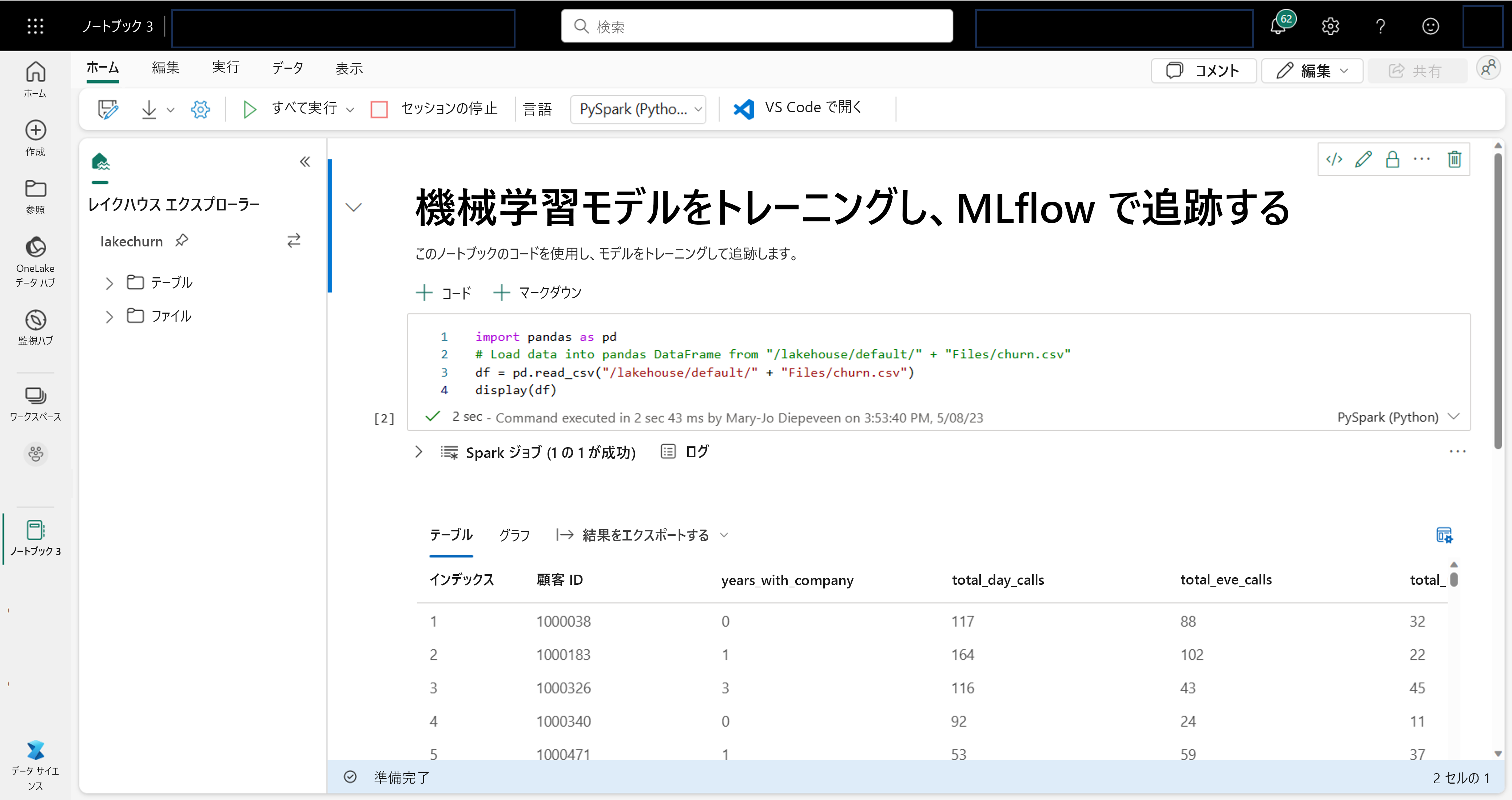 Microsoft Fabric のノートブックのスクリーンショット。