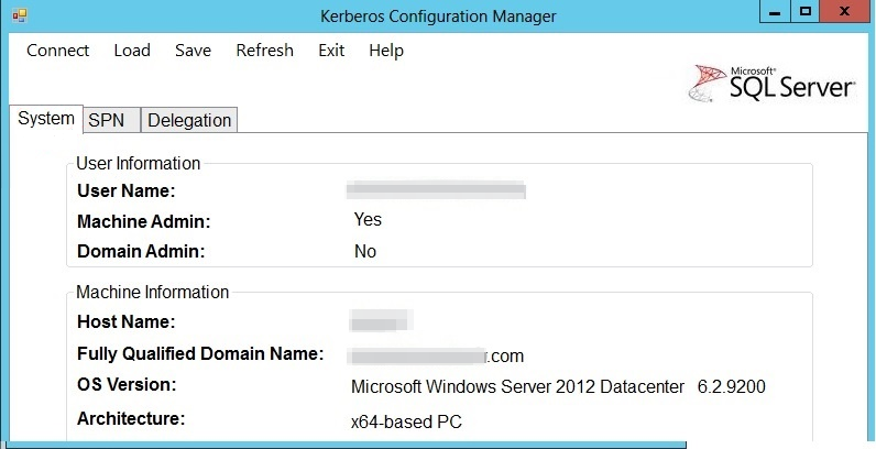 Kerberos Configuration Manager の 3 つすべてのタブのビューのスクリーンショット。