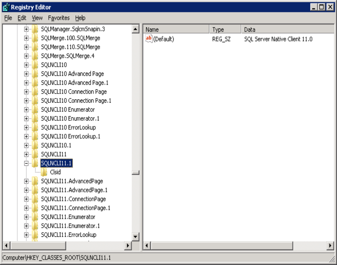 ProgID SQLNCLI11.1 とプロバイダー名 SQL Server Native Client 11.0 の間のマッピングを示すスクリーンショット。