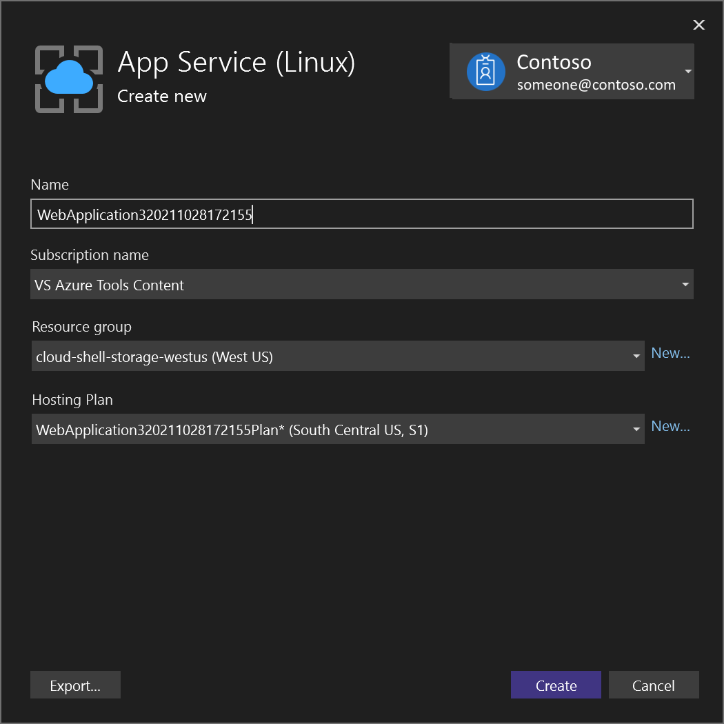 App Service の作成を示すスクリーンショット。