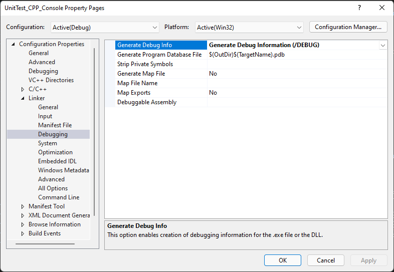 C++ でビルド用の PDB ファイルを生成