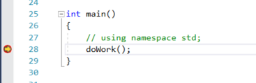 Visual Studio 2022 で、設定したブレークポイントでデバッガーが一時停止していることを示すスクリーンショット。