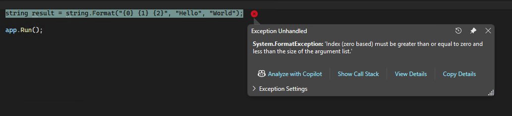 System.FormatException を示すスクリーンショット。