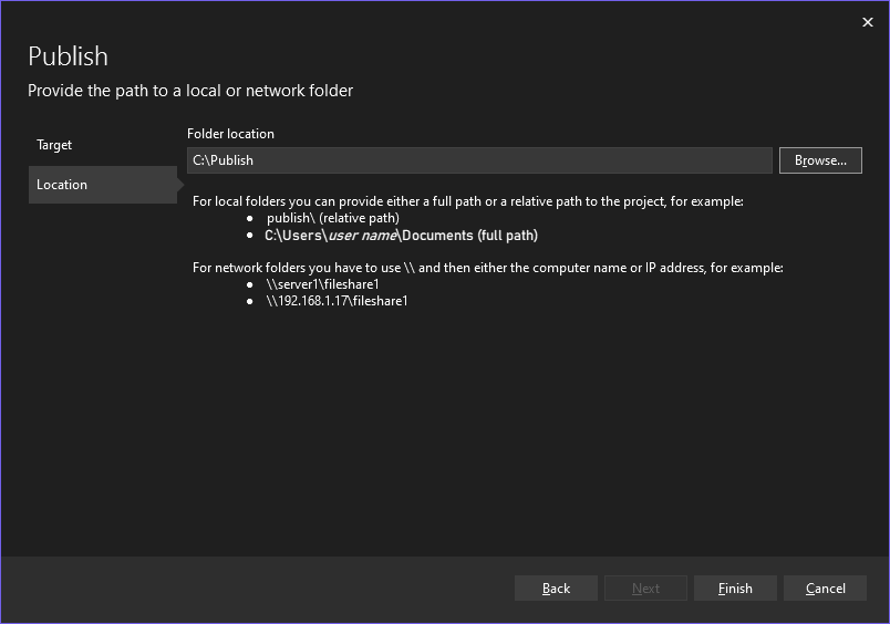 フォルダー 'C:\Publish' が発行先として選択されているVisual Studioの [発行先の選択] ダイアログのスクリーンショット。