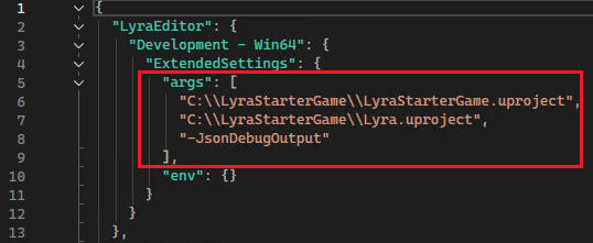 args 要素が強調表示されている UETargetProperties.json ファイルのスクリーンショット